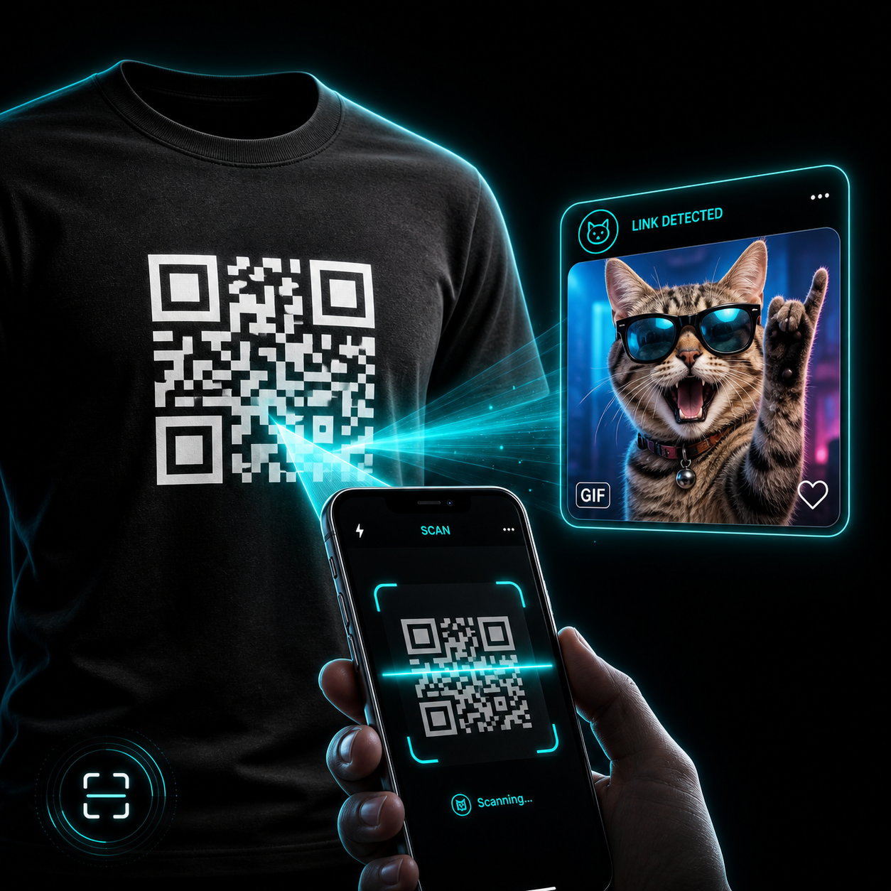 Black QR shirt being scanned by a phone with a revealed media result.